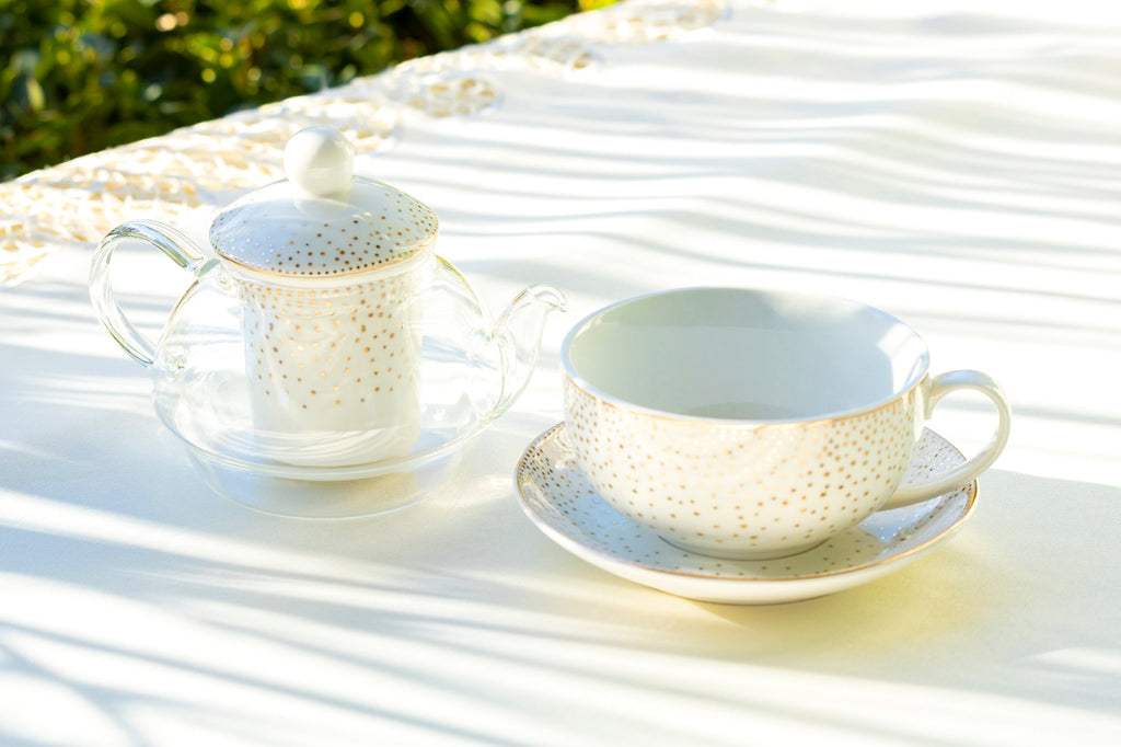 Gold Dots Glass and Fine Porcelain Tea For One Set