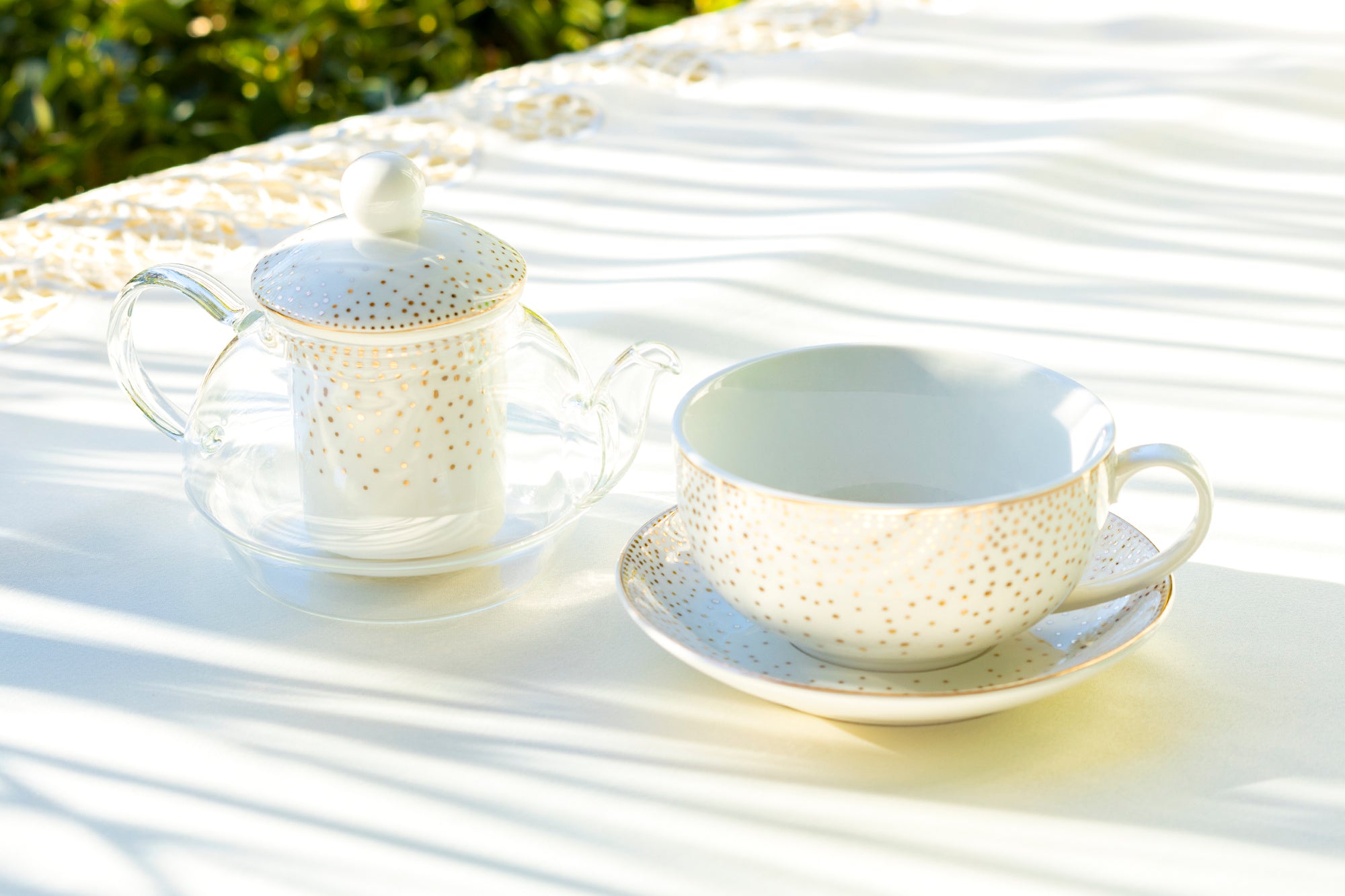 Gold Dots Glass and Fine Porcelain Tea For One Set