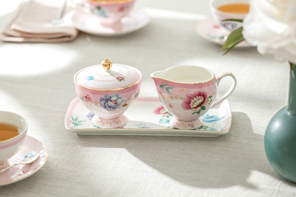 Gift Boxed Pink Flower Garden Fine Porcelain Sugar Creamer & Serving Tray Set