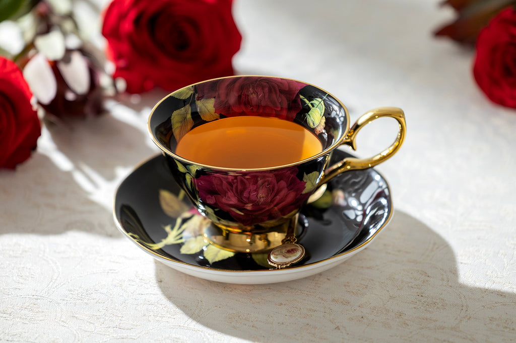 Gold Black Stem Rose Bone China Tea Cup and Saucer