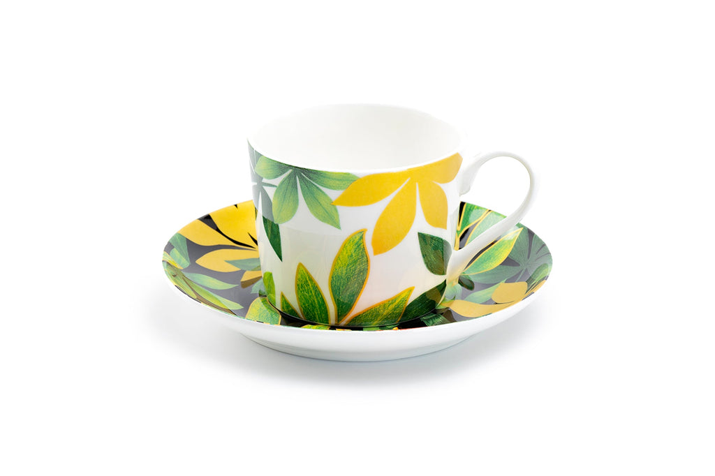 Green Gold Leaves Bone China Cup and Saucer