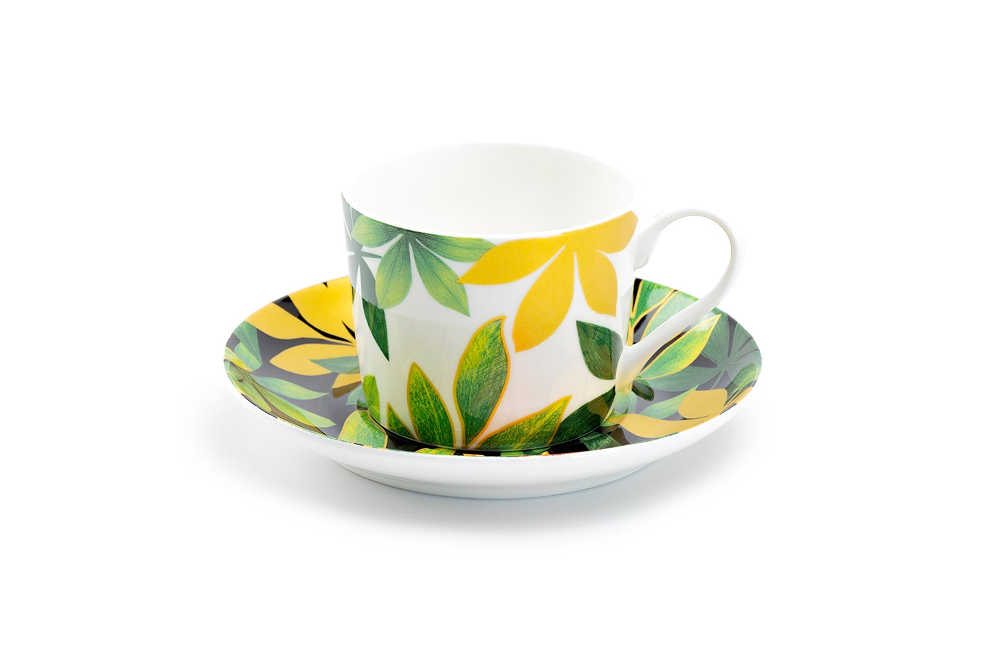 Green Gold Leaves Bone China Cup and Saucer