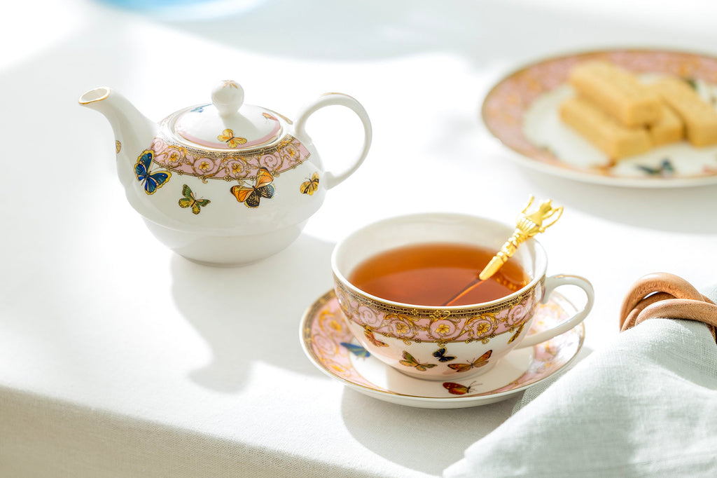 Butterflies with Pink Ornament Fine Porcelain Tea For One Set