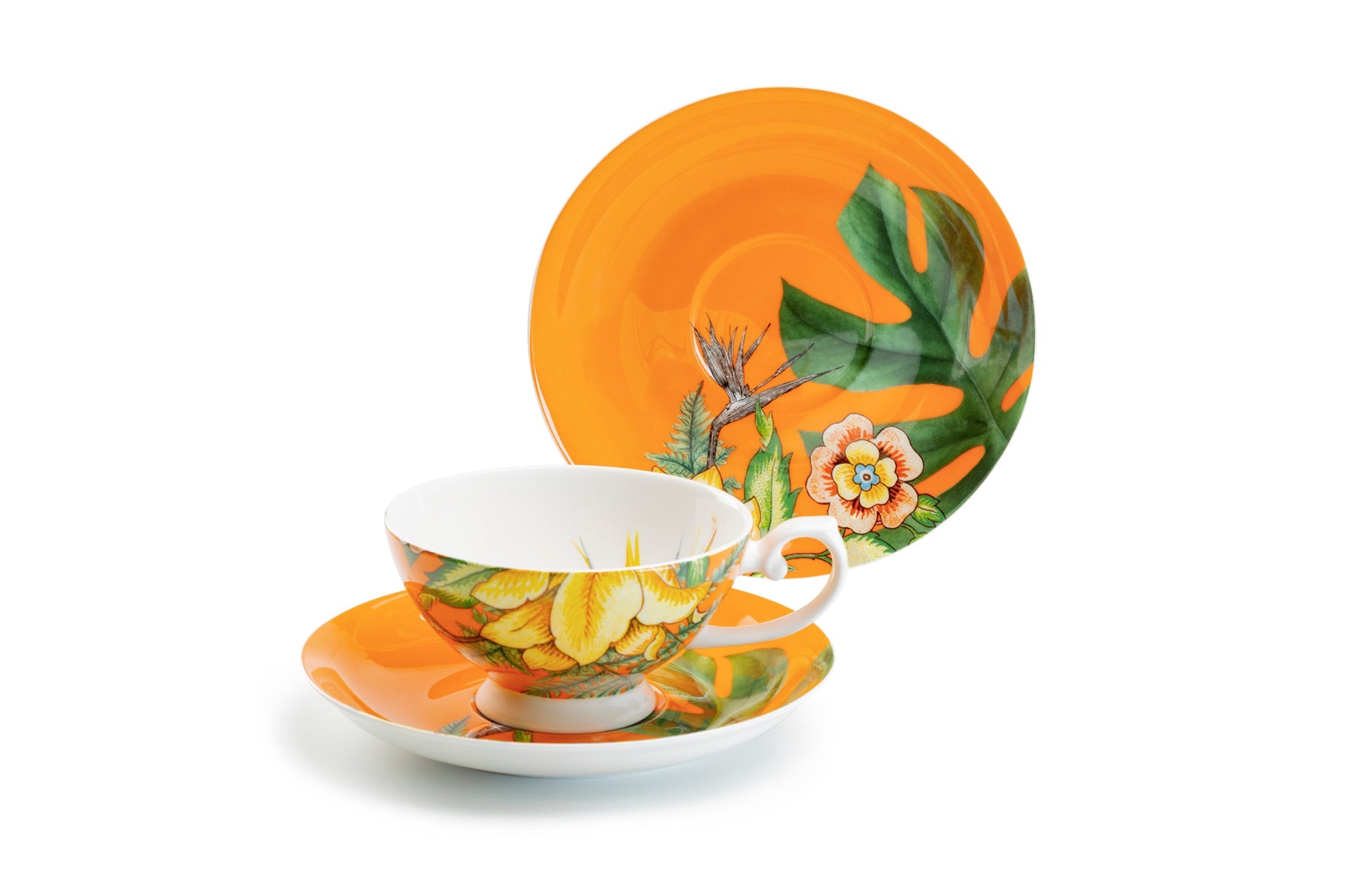 Bird of Paradise and Monstera Leaf Bone China Tea Cup and Saucer