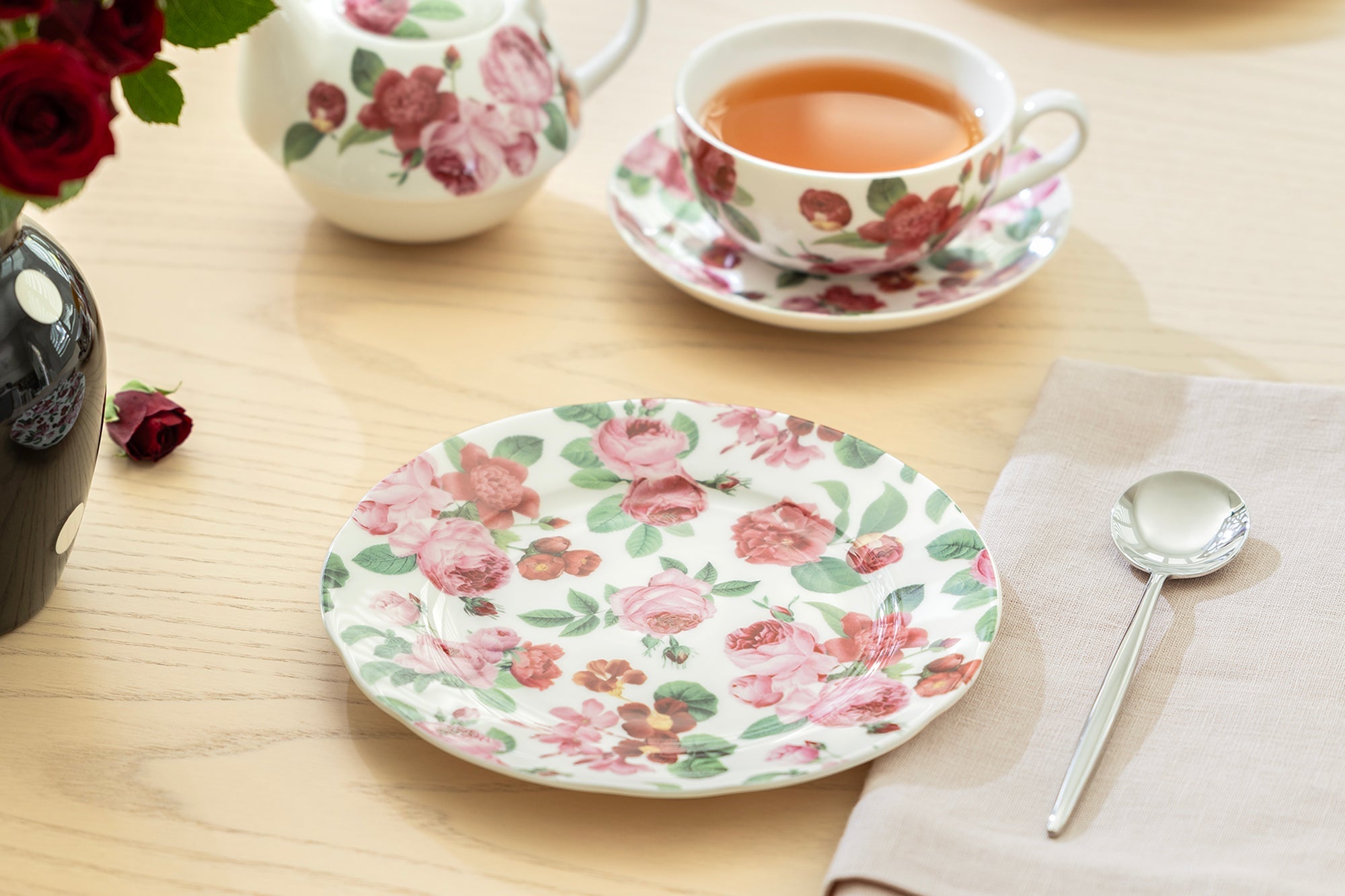 7.5" Pink Cabbage Roses Bone China Dessert Plate