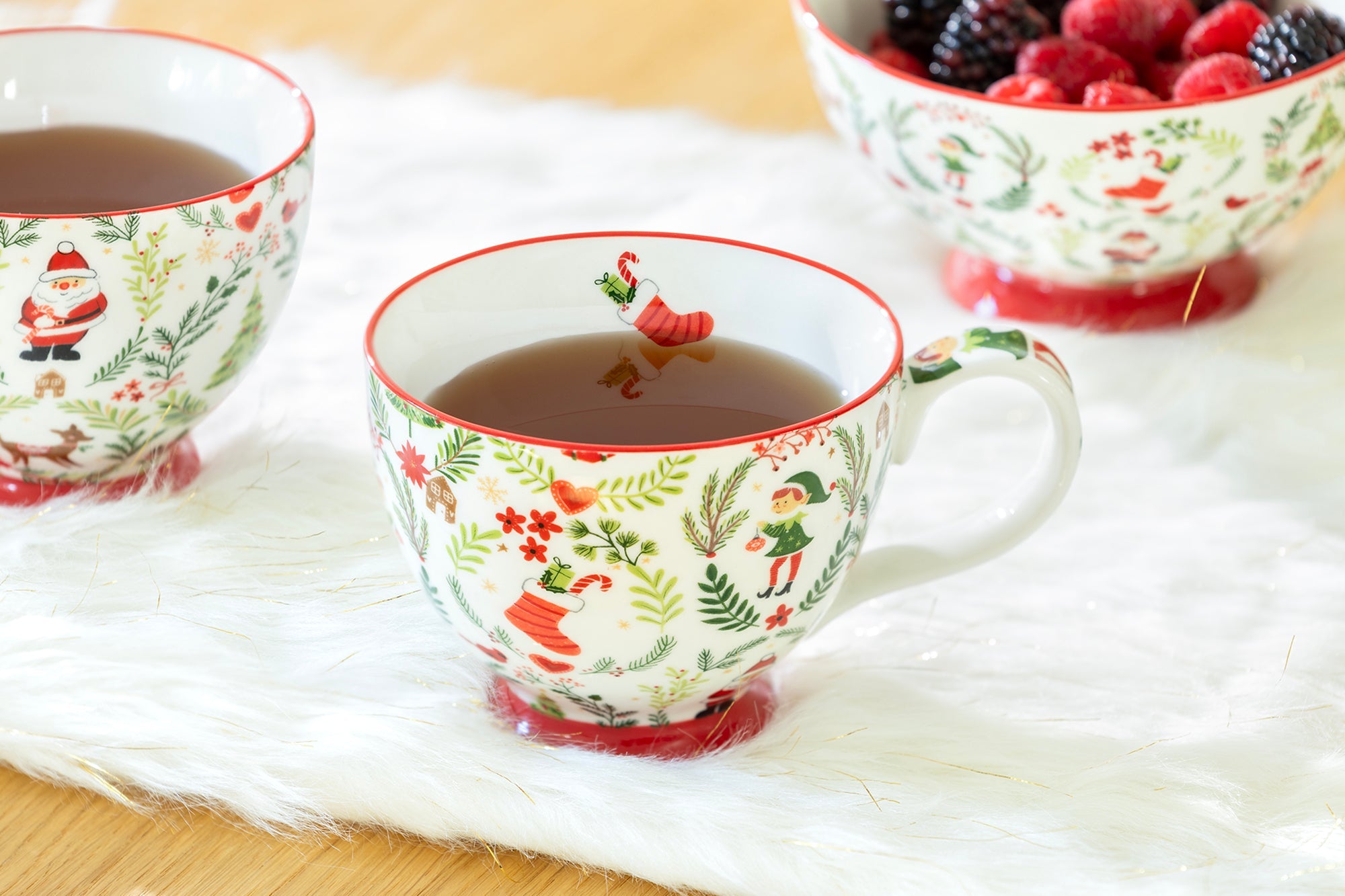 Festive Holiday Elf and Santa Fine Porcelain Latte Mug