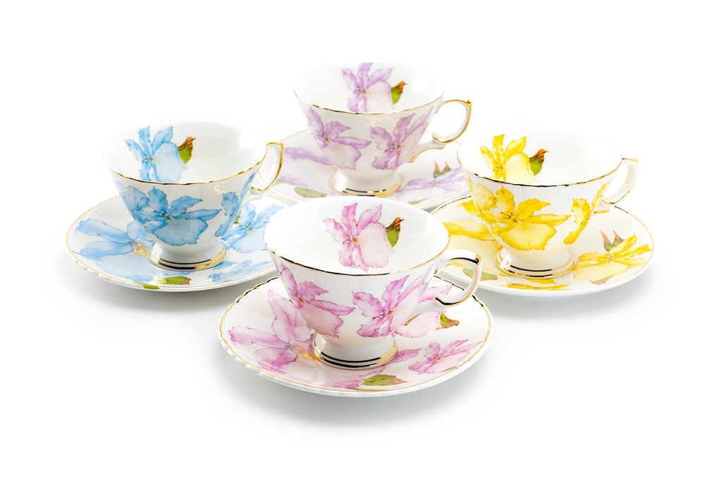 Iris Floral Fine Porcelain Tea Cup and Saucer Set of 4