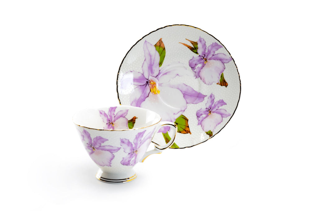 Iris Floral Fine Porcelain Tea Cup and Saucer Set of 4