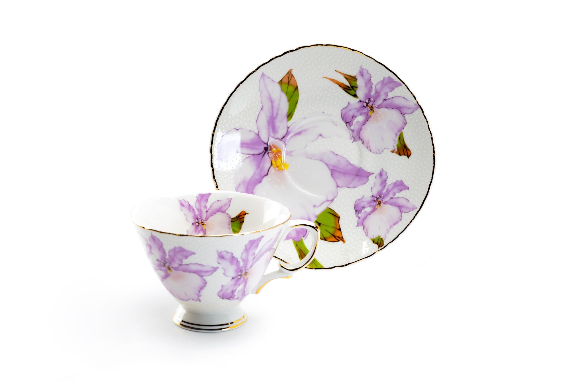 Iris Floral Fine Porcelain Tea Cup and Saucer Set of 4