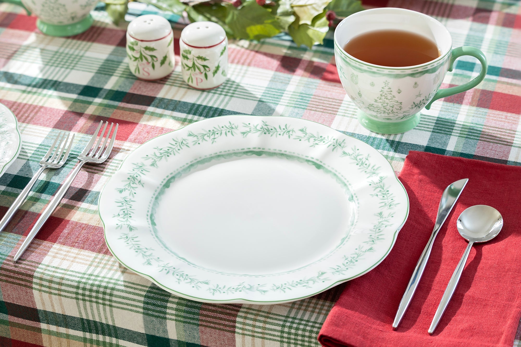 Festive Pup and Tree Fine Porcelain Dessert/Dinner Plate