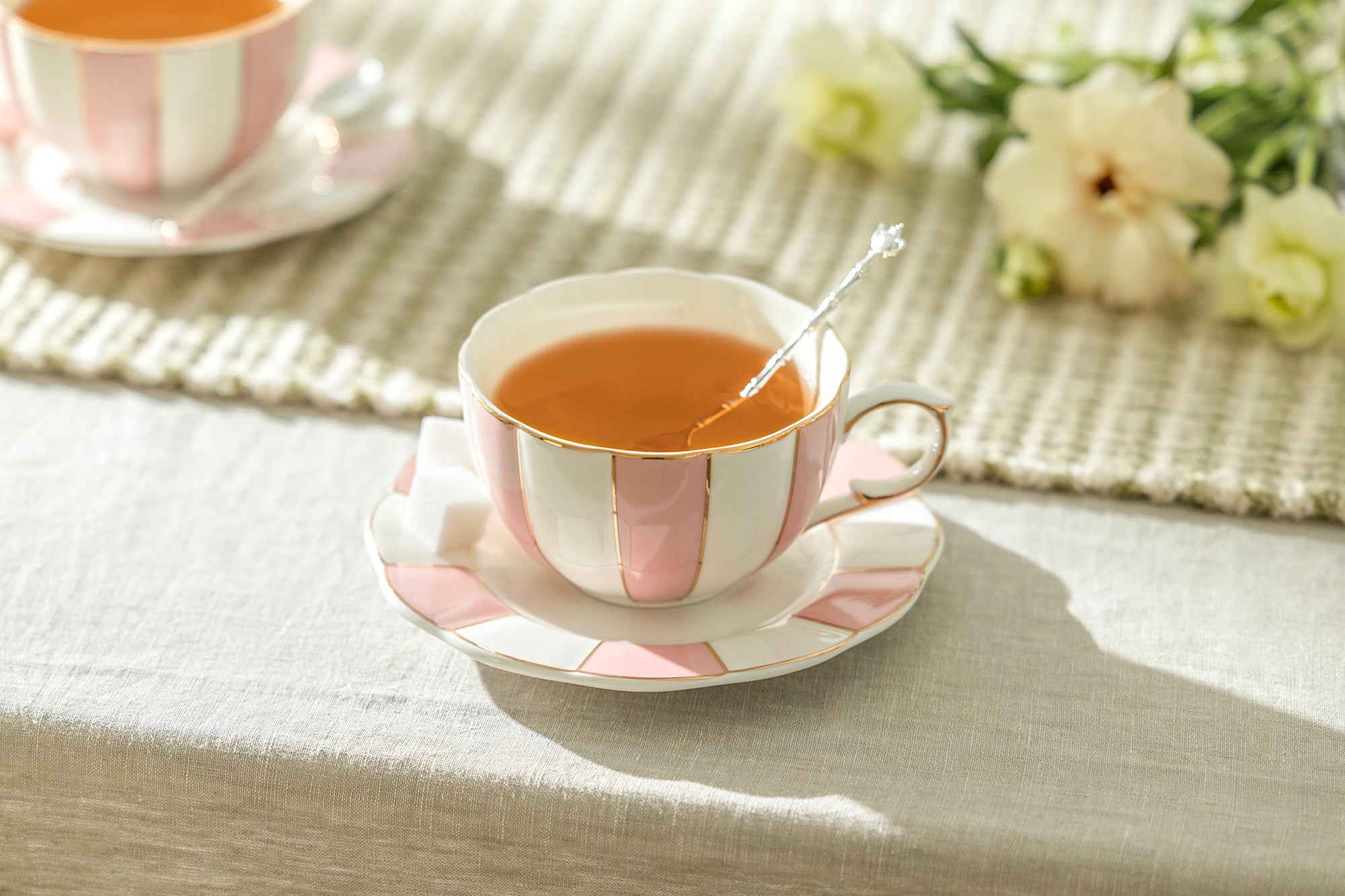 Pink and White Scallop Fine Porcelain Tea Cup and Saucer