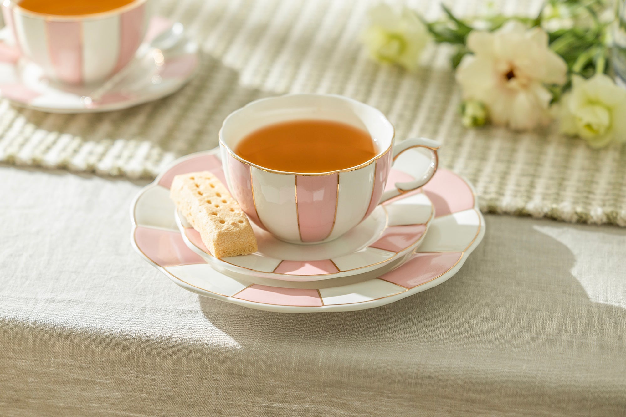Pink and White Scallop Fine Porcelain Tea Cup and Saucer