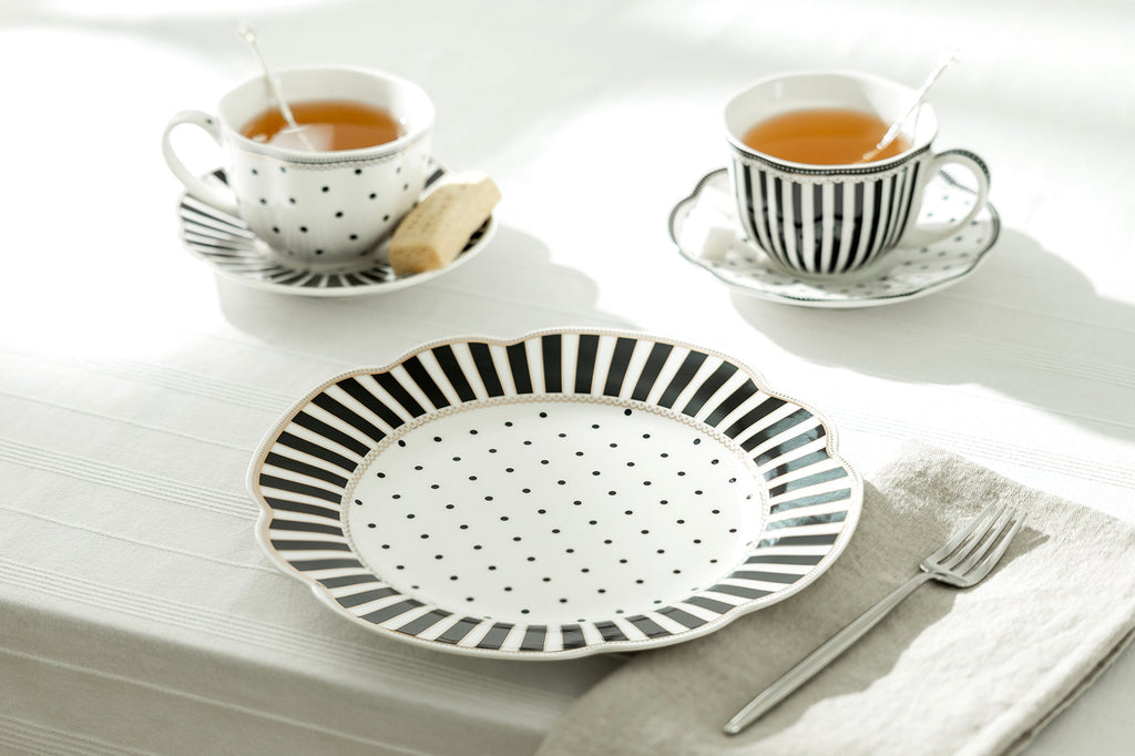 Black Josephine Stripes and Dots Fine Porcelain Dessert/Dinner Plate
