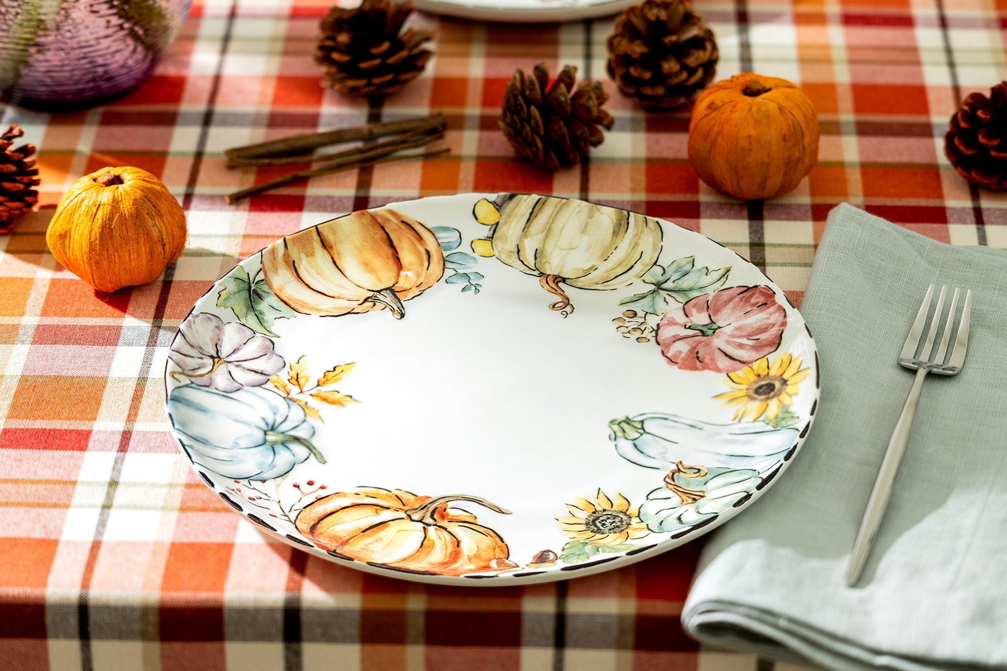 10.5" Fall Pumpkins with Sunflowers Dinner Plate