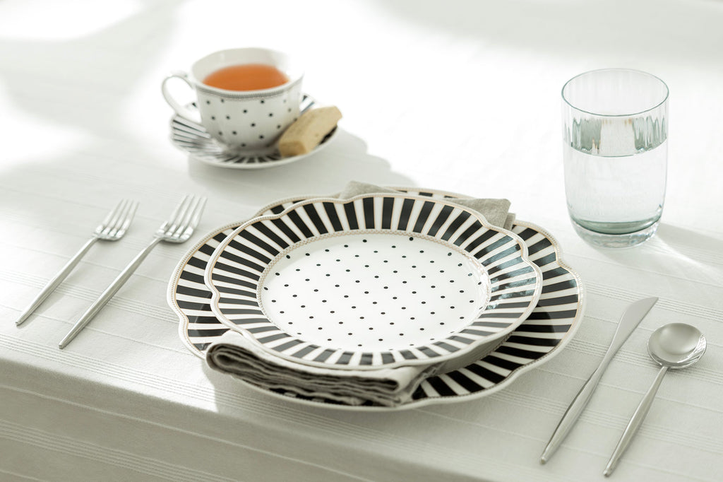 Black Josephine Stripes and Dots Fine Porcelain Dessert/Dinner Plate