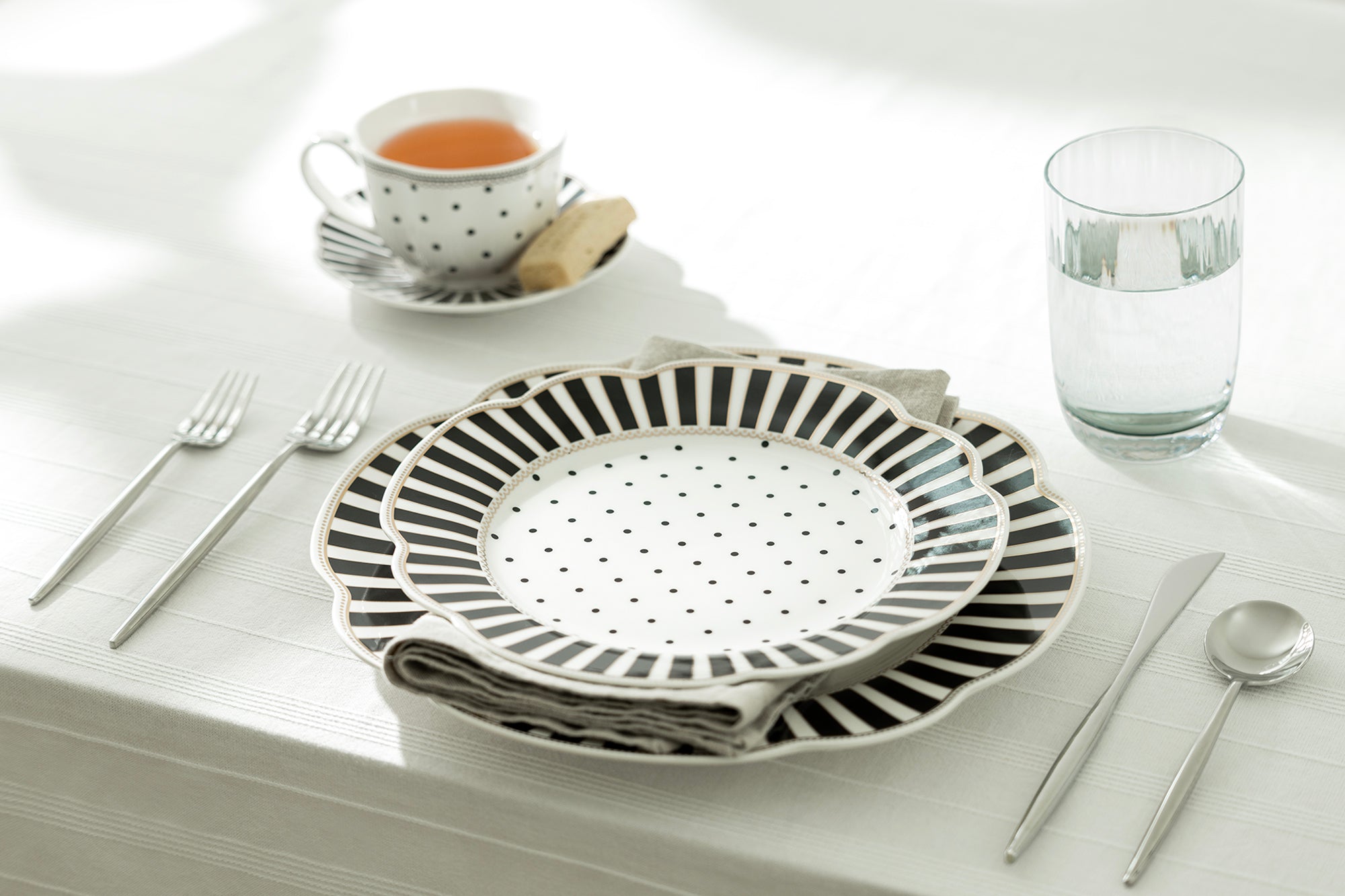 Black Josephine Stripes and Dots Fine Porcelain Dessert/Dinner Plate