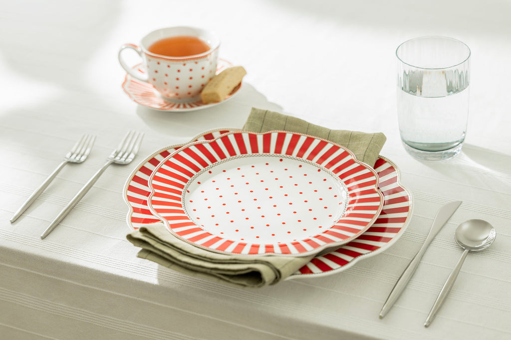 Red Josephine Stripes and Dots Fine Porcelain Dessert/Dinner Plate