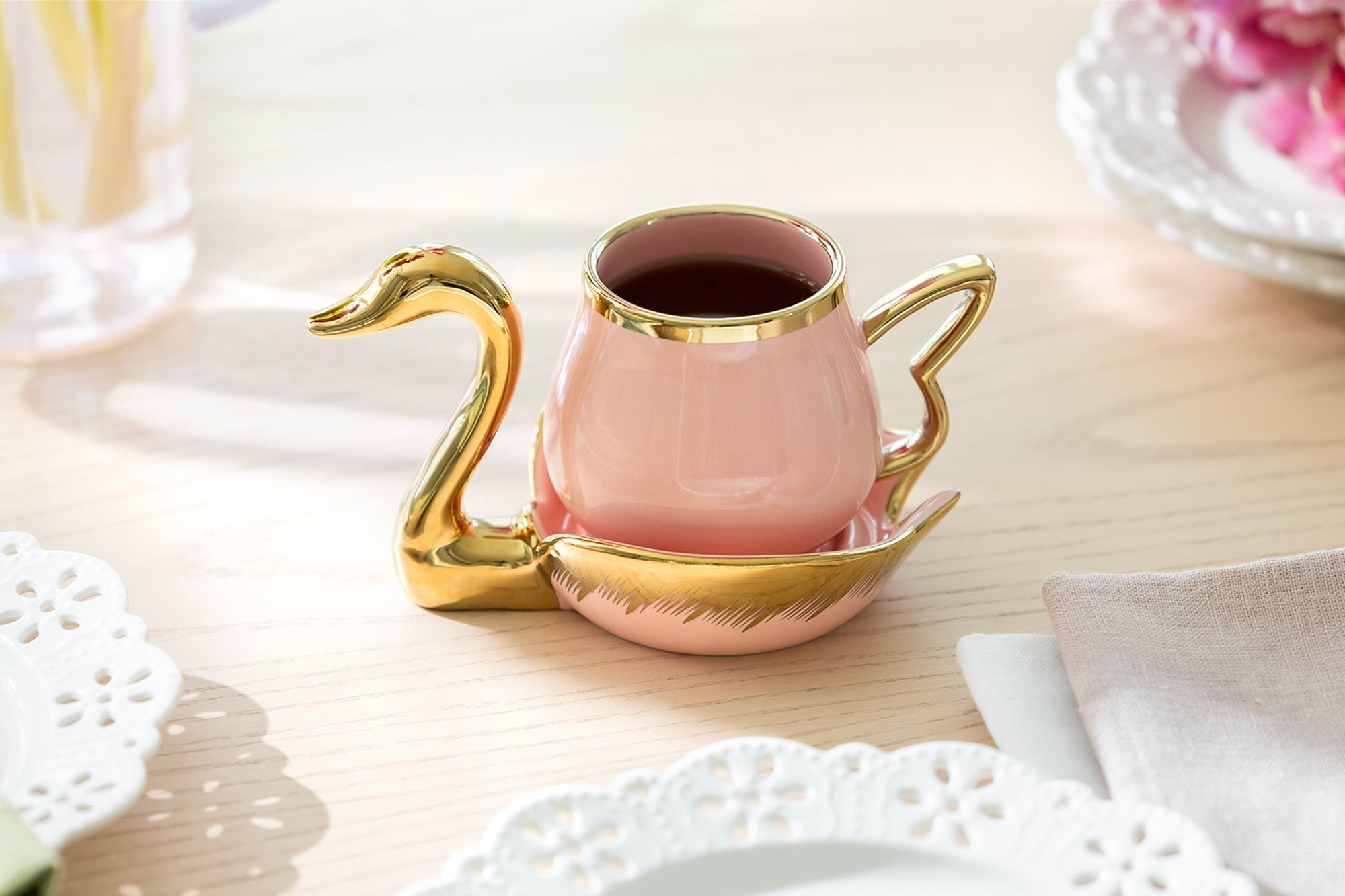 Golden Swan Pink Fine Porcelain Tea Cup and Saucer