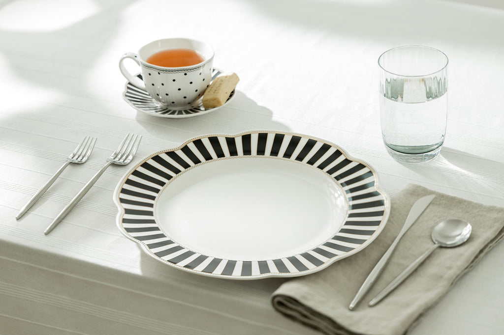 Black Josephine Stripes and Dots Fine Porcelain Dessert/Dinner Plate