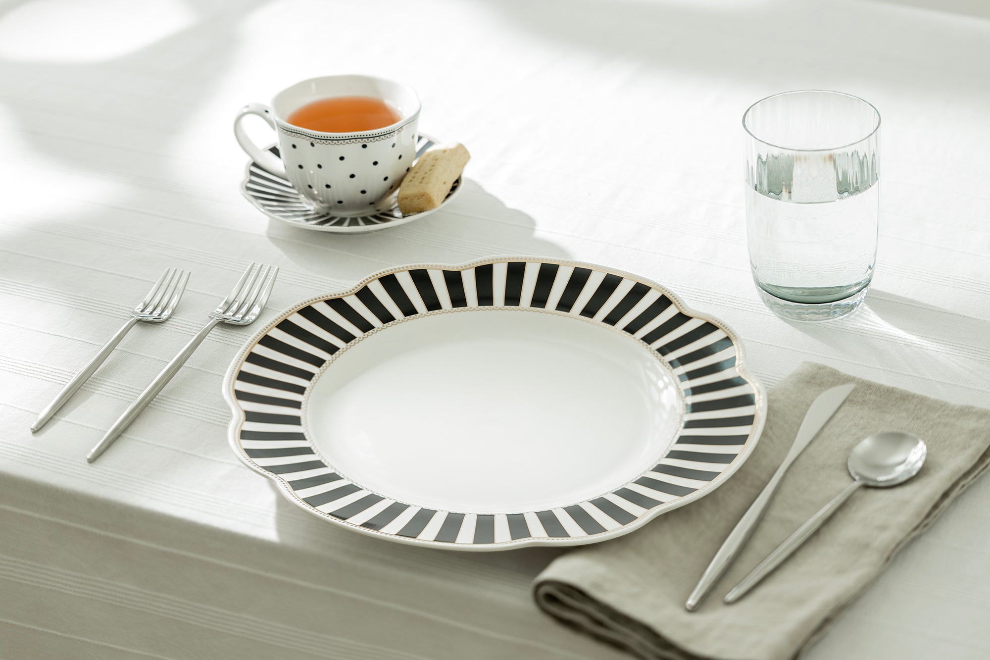 Black Josephine Stripes and Dots Fine Porcelain Dessert/Dinner Plate