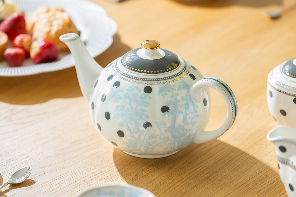 Dark Gray Dots with Blue Toile Fine Porcelain Teapot