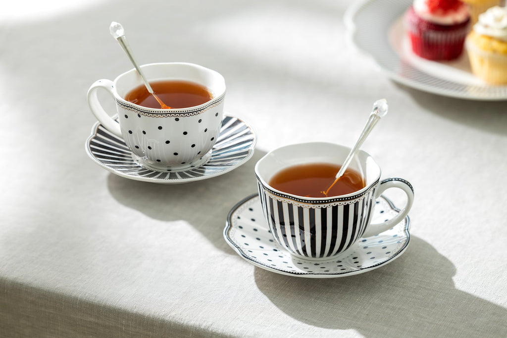 Black Josephine Stripes and Dots Fine Porcelain Cup and Saucer Sets