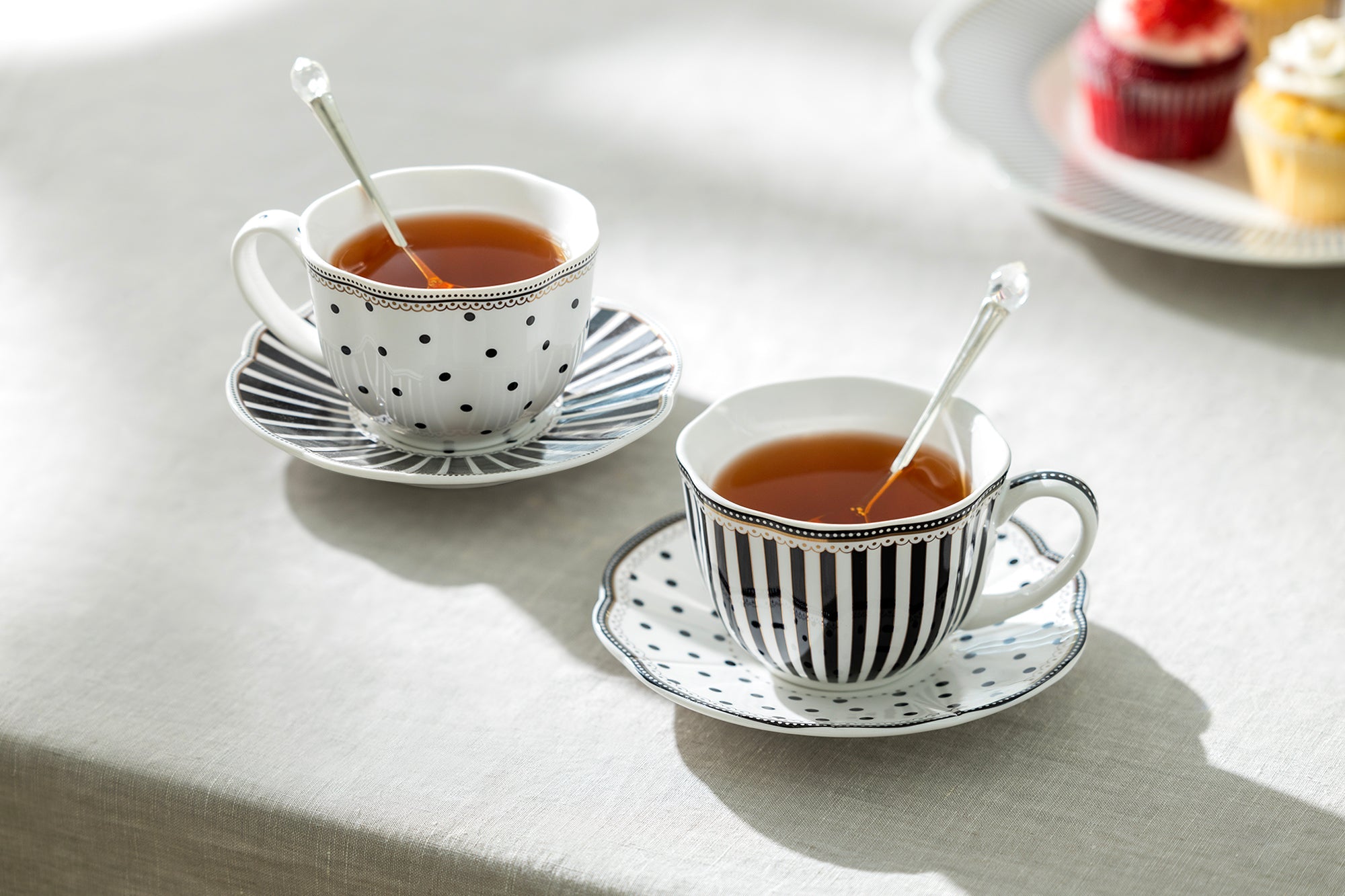 Black Josephine Stripes and Dots Fine Porcelain Cup and Saucer Sets