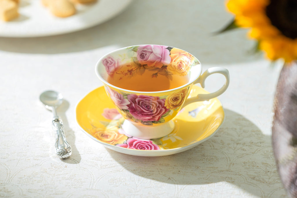 Rose Bouquet Yellow Bone China Tea Cup and Saucer