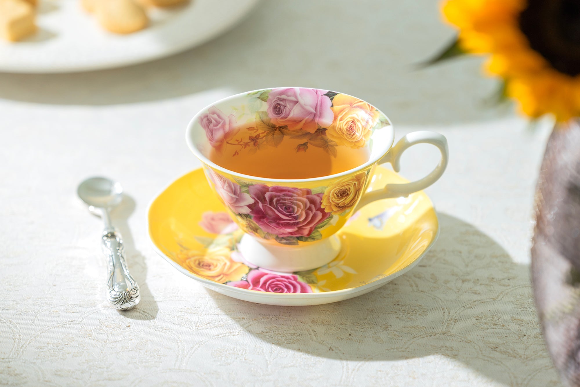 Rose Bouquet Yellow Bone China Tea Cup and Saucer