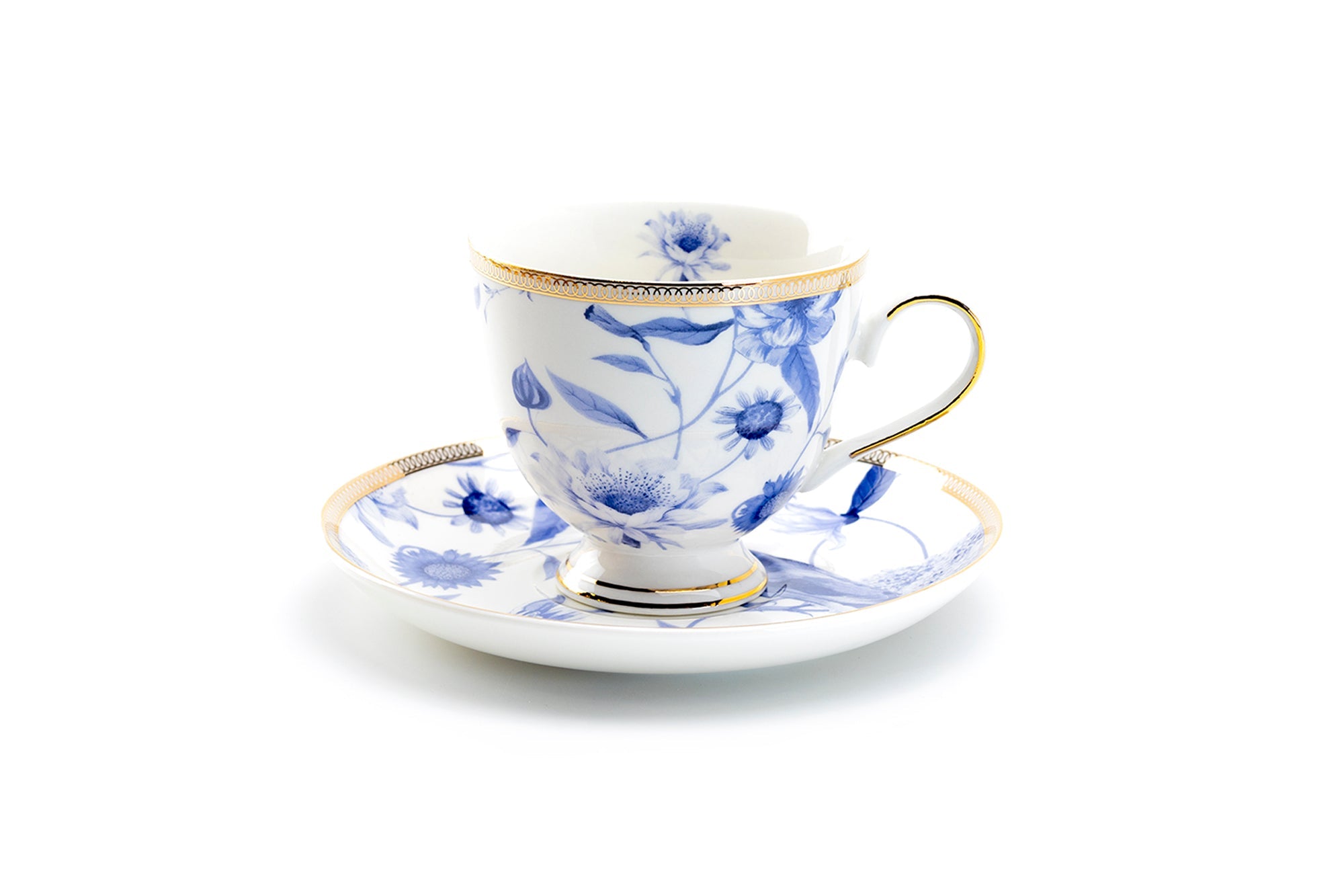 Blue Spring Flowers with Hummingbird Fine Porcelain Tea Cup and Saucer