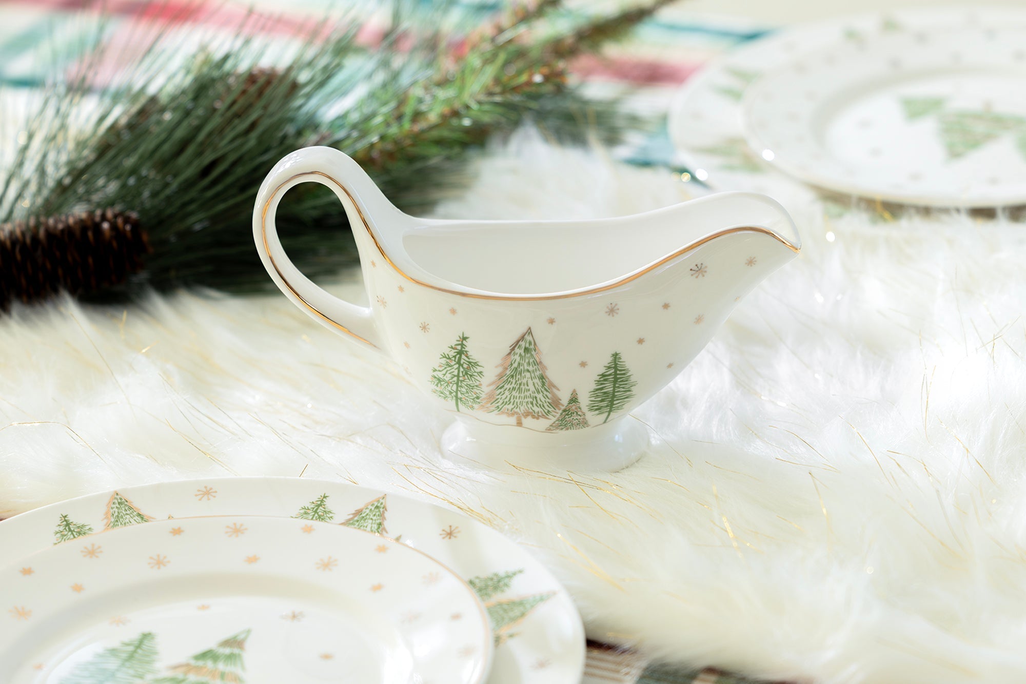 Christmas Pine Trees Fine Porcelain Gravy Boat