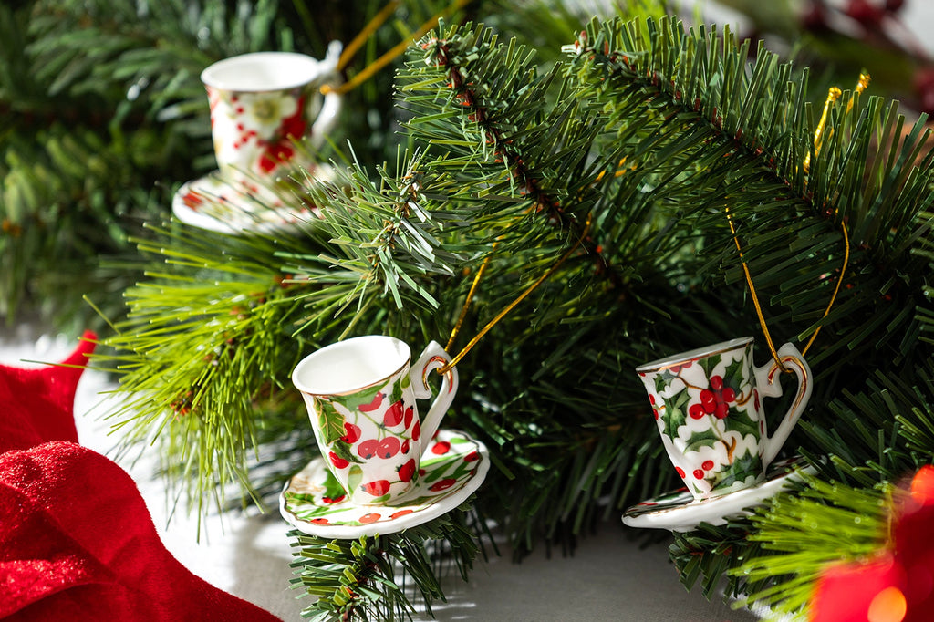 Holly Berries and Poinsettia Assorted Mini Teacups Ornament Set of 6