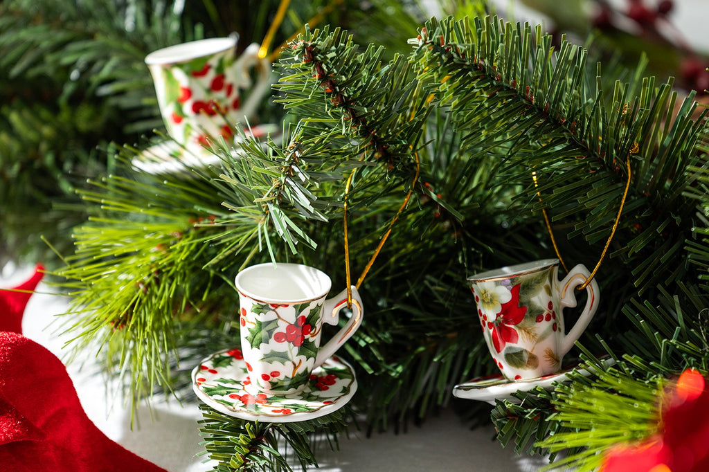 Holly Berries and Poinsettia Assorted Mini Teacups Ornament Set of 6