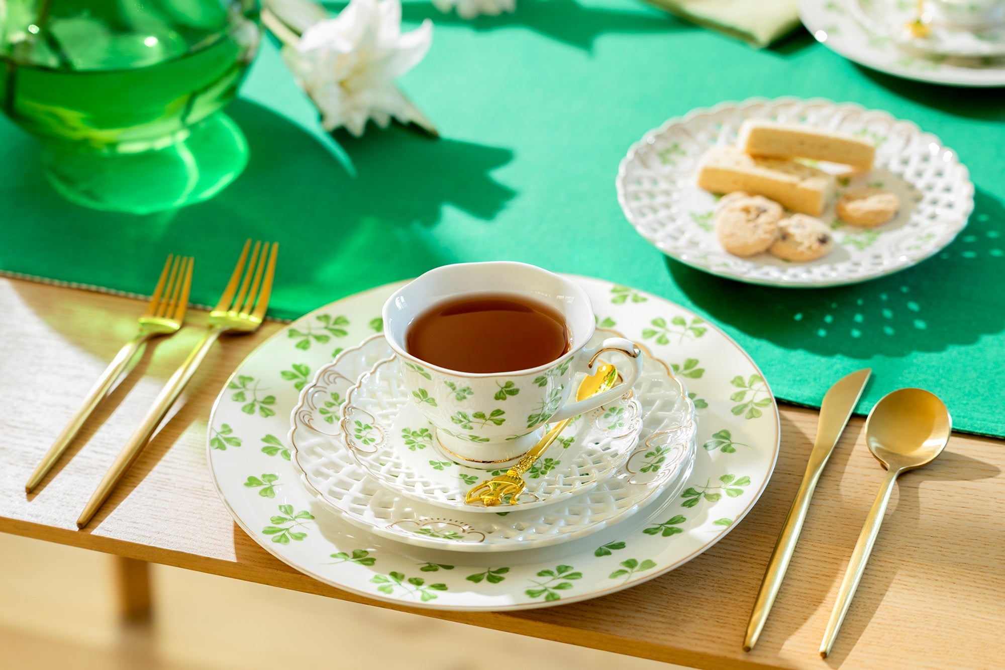 Shamrock Fine Porcelain Tea Cup and Saucer with Pierced Design