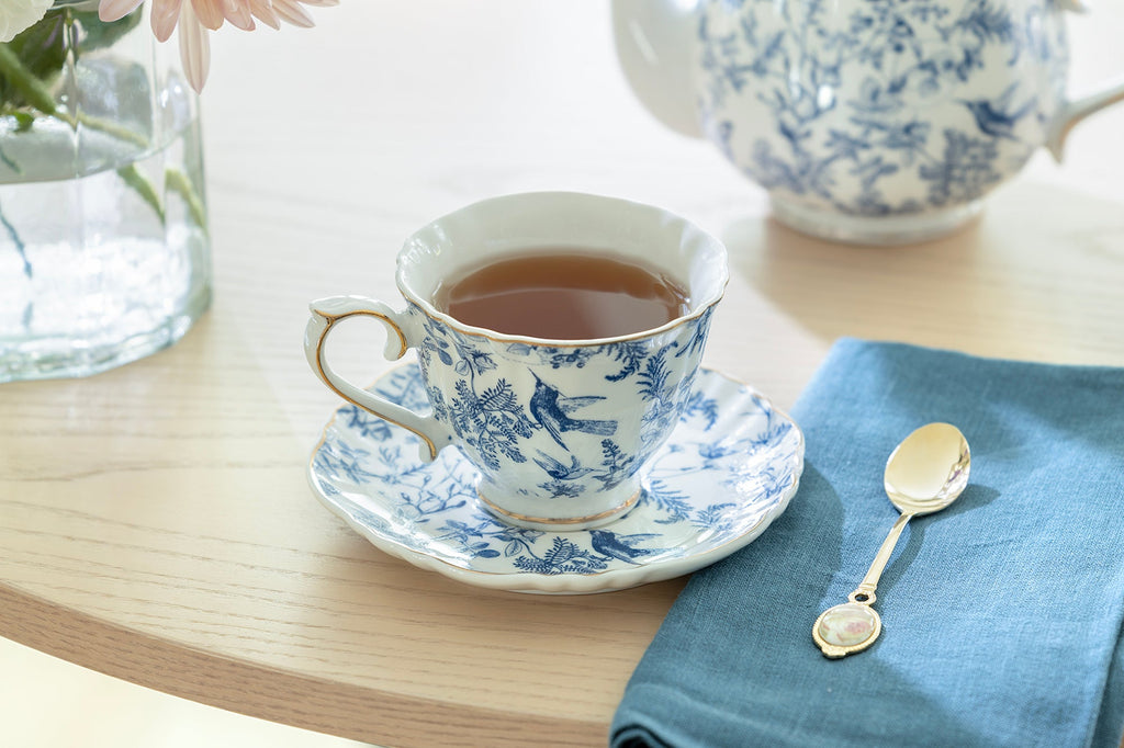 Blue Bird Toile Fine Porcelain Tea Cup and Saucer