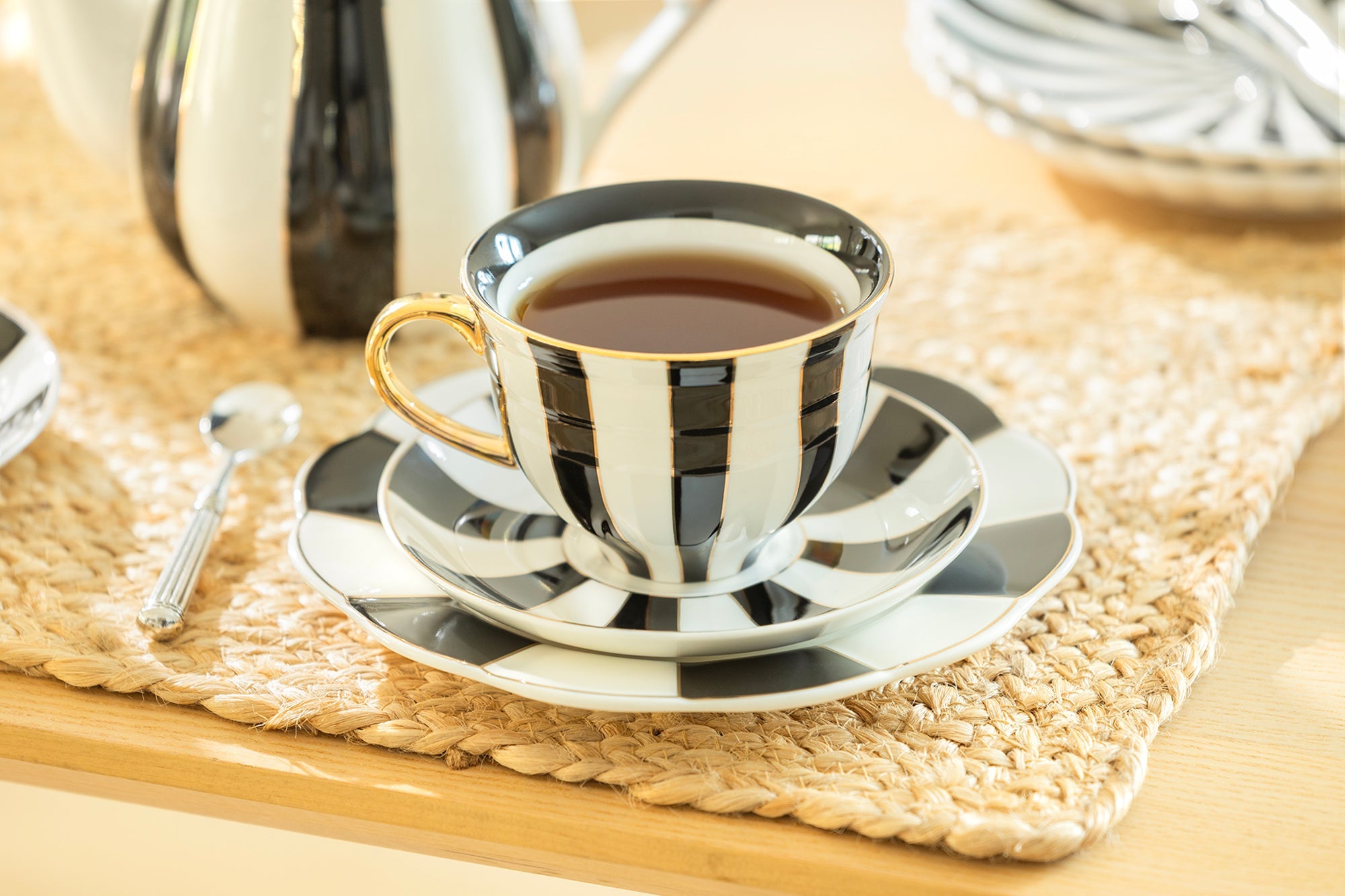 Black Carousel Stripes Fine Porcelain Cup and Saucer - 10oz