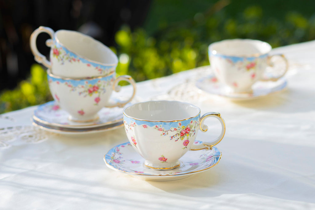 Rose with Blue Accent Fine Porcelain 11-Piece Tea Set