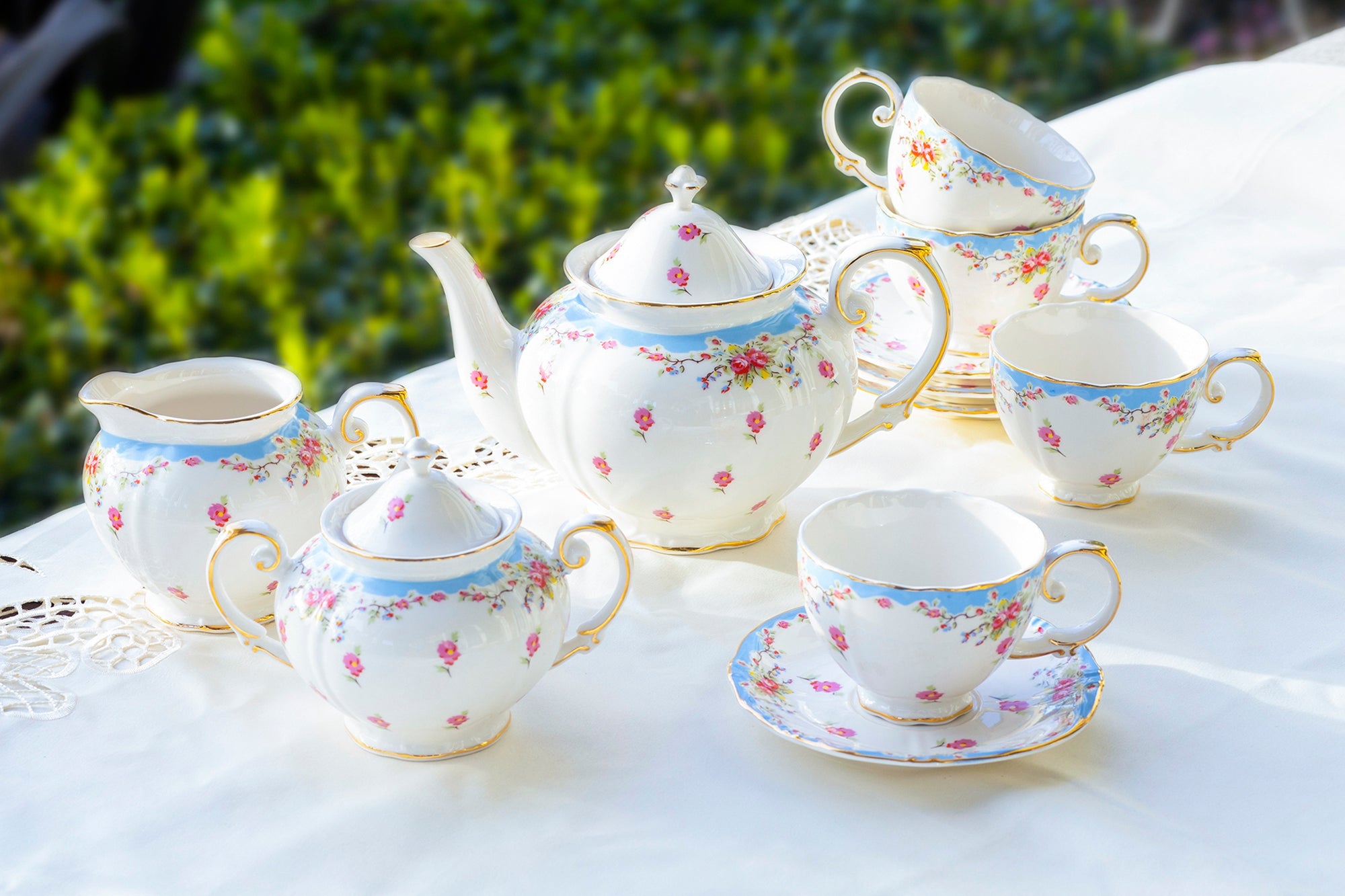 Rose with Blue Accent Fine Porcelain 11-Piece Tea Set