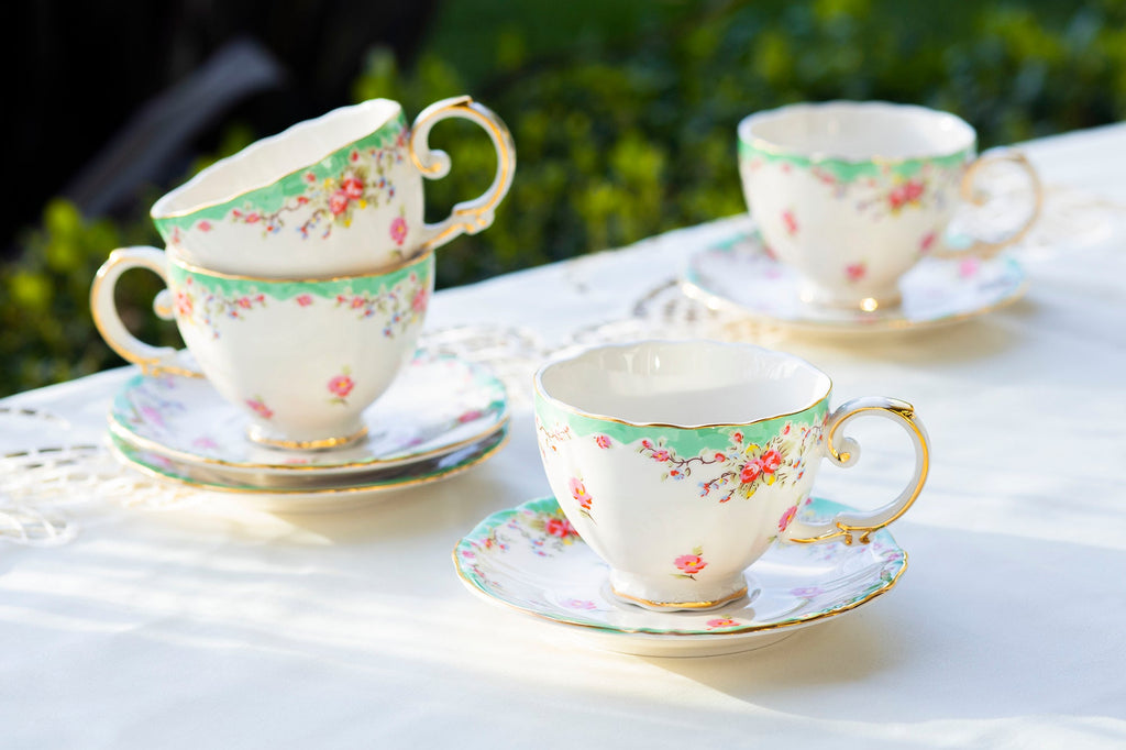 Rose with Green Accent Fine Porcelain 11-Piece Tea Set