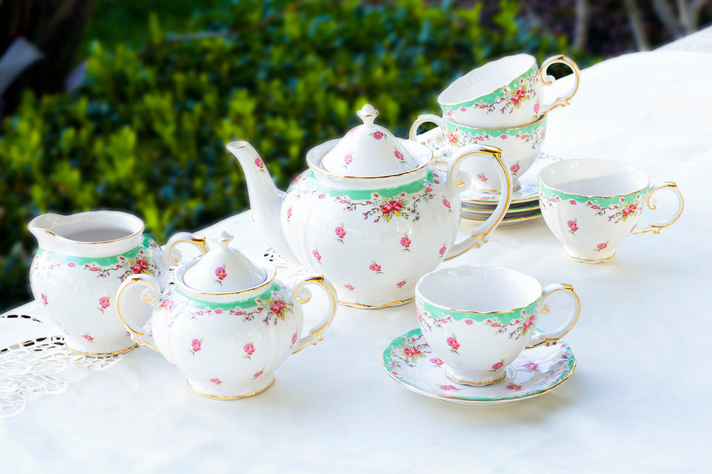 Rose with Green Accent Fine Porcelain 11-Piece Tea Set