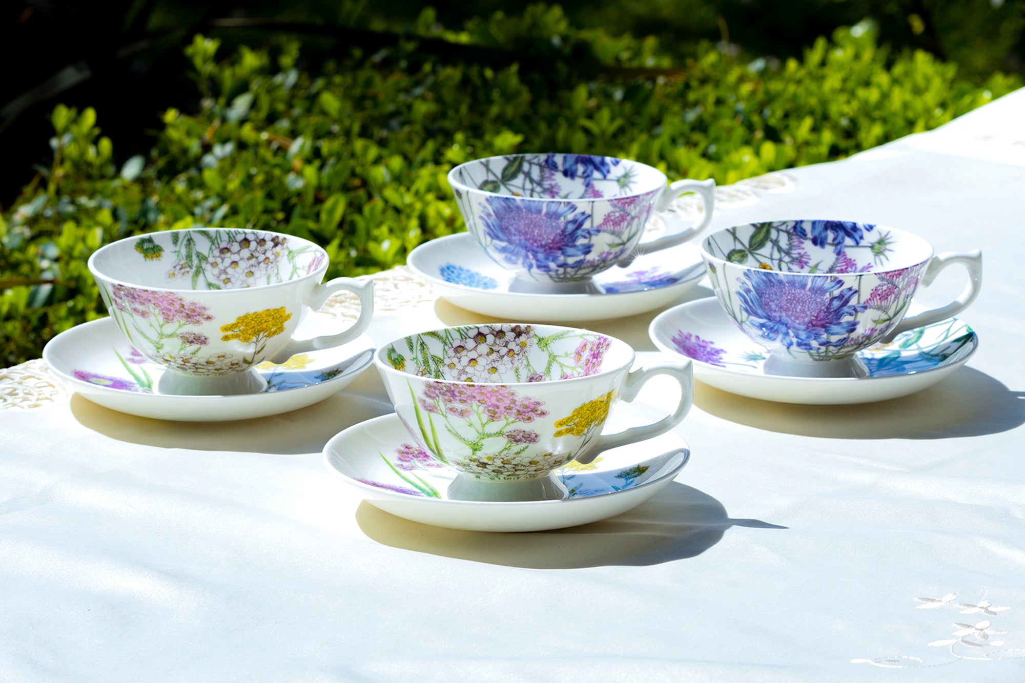 Flower Field Bone China Tea Cup and Saucer Set of 4