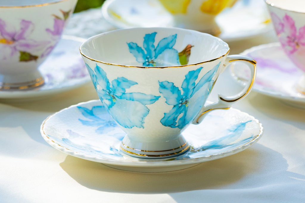 Iris Floral Fine Porcelain Tea Cup and Saucer Set of 4