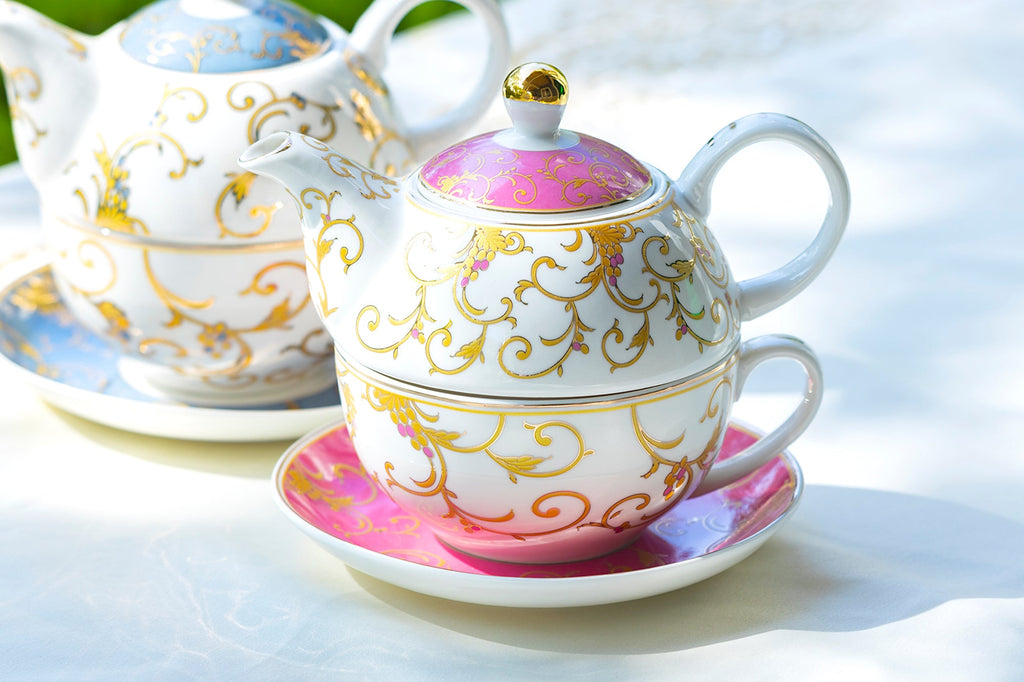 Pink Gold Scroll Fine Porcelain Tea For One Set