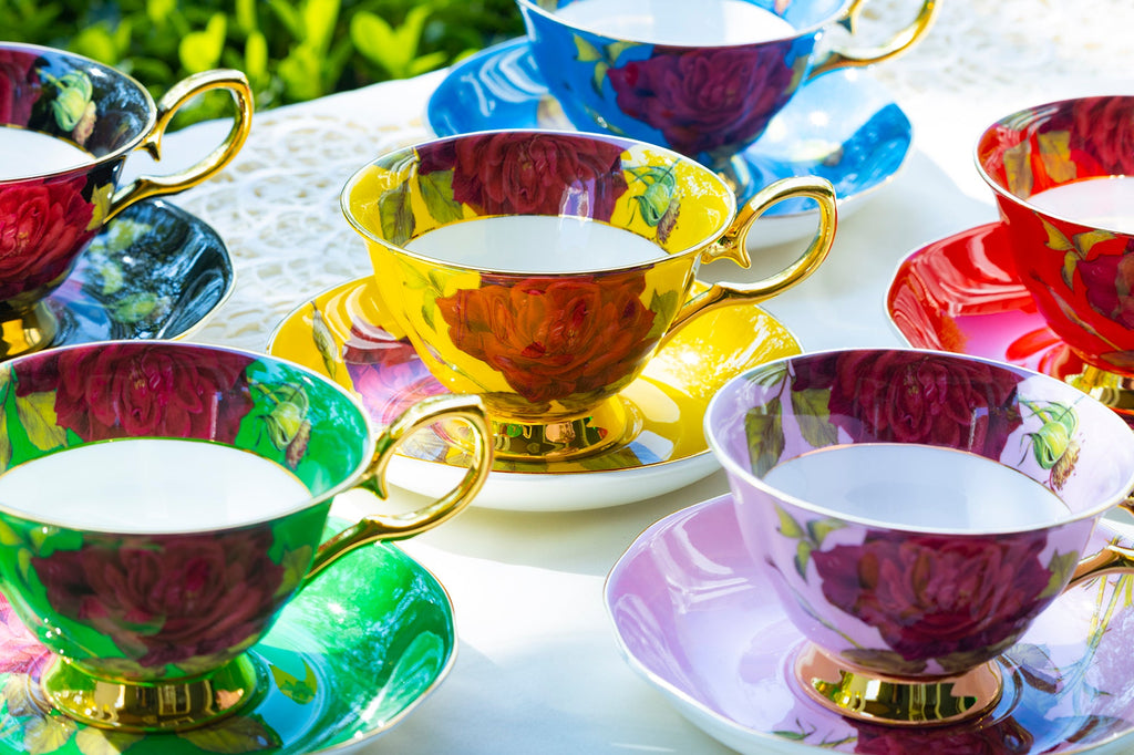 Gold Red Stem Rose Bone China Tea Cup and Saucer
