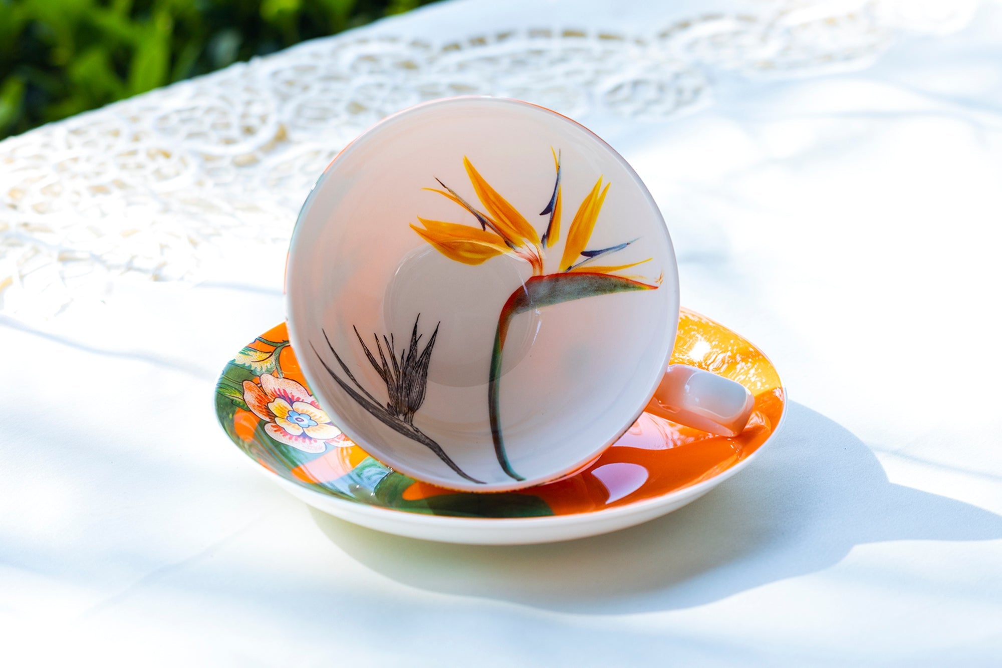 Bird of Paradise and Monstera Leaf Bone China Tea Cup and Saucer