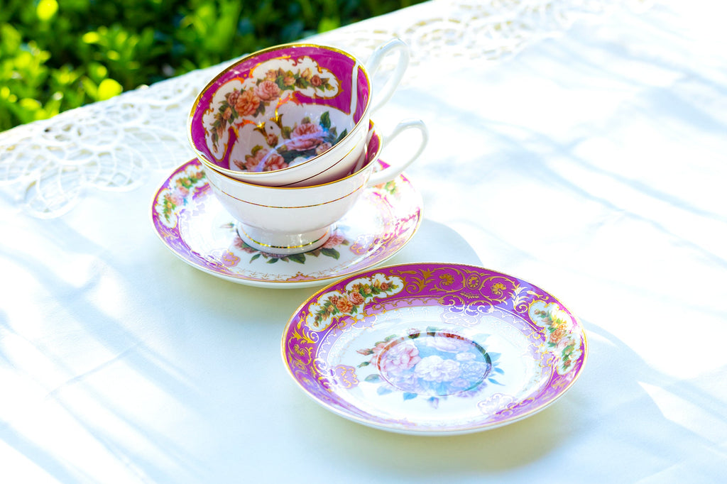 Royal Magenta Gold Bone China Tea Cup and Saucer