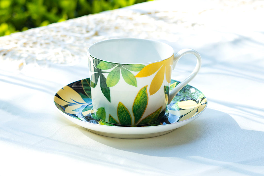 Green Gold Leaves Bone China Cup and Saucer