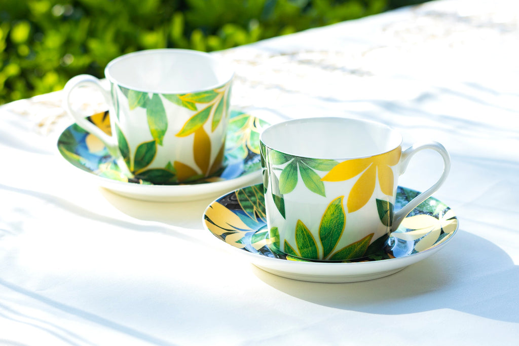 Green Gold Leaves Bone China Cup and Saucer