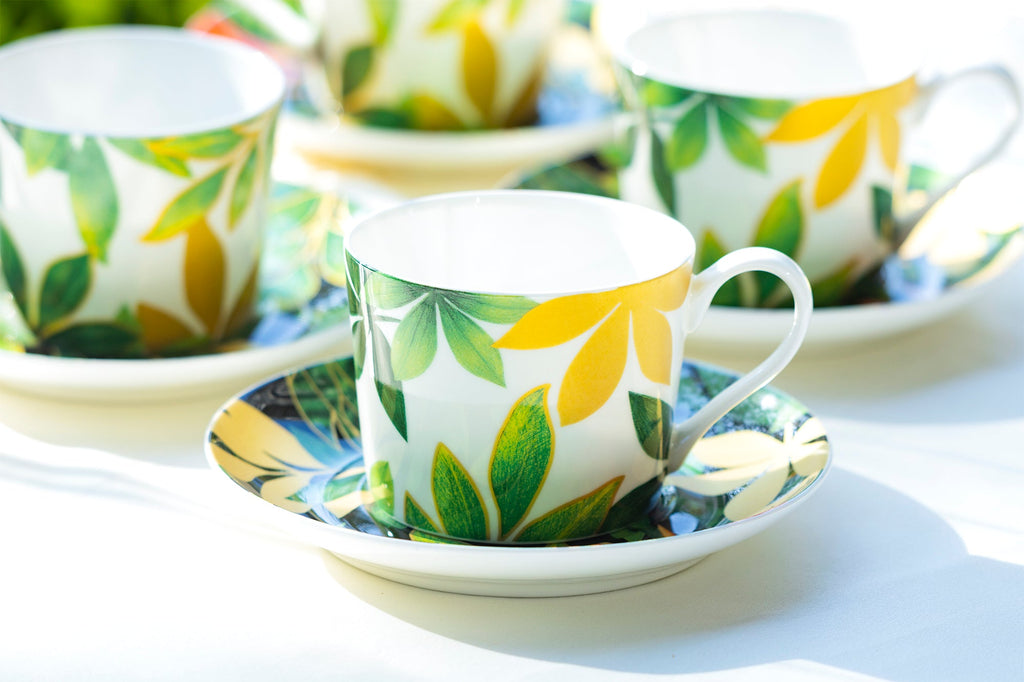 Green Gold Leaves Bone China Cup and Saucer