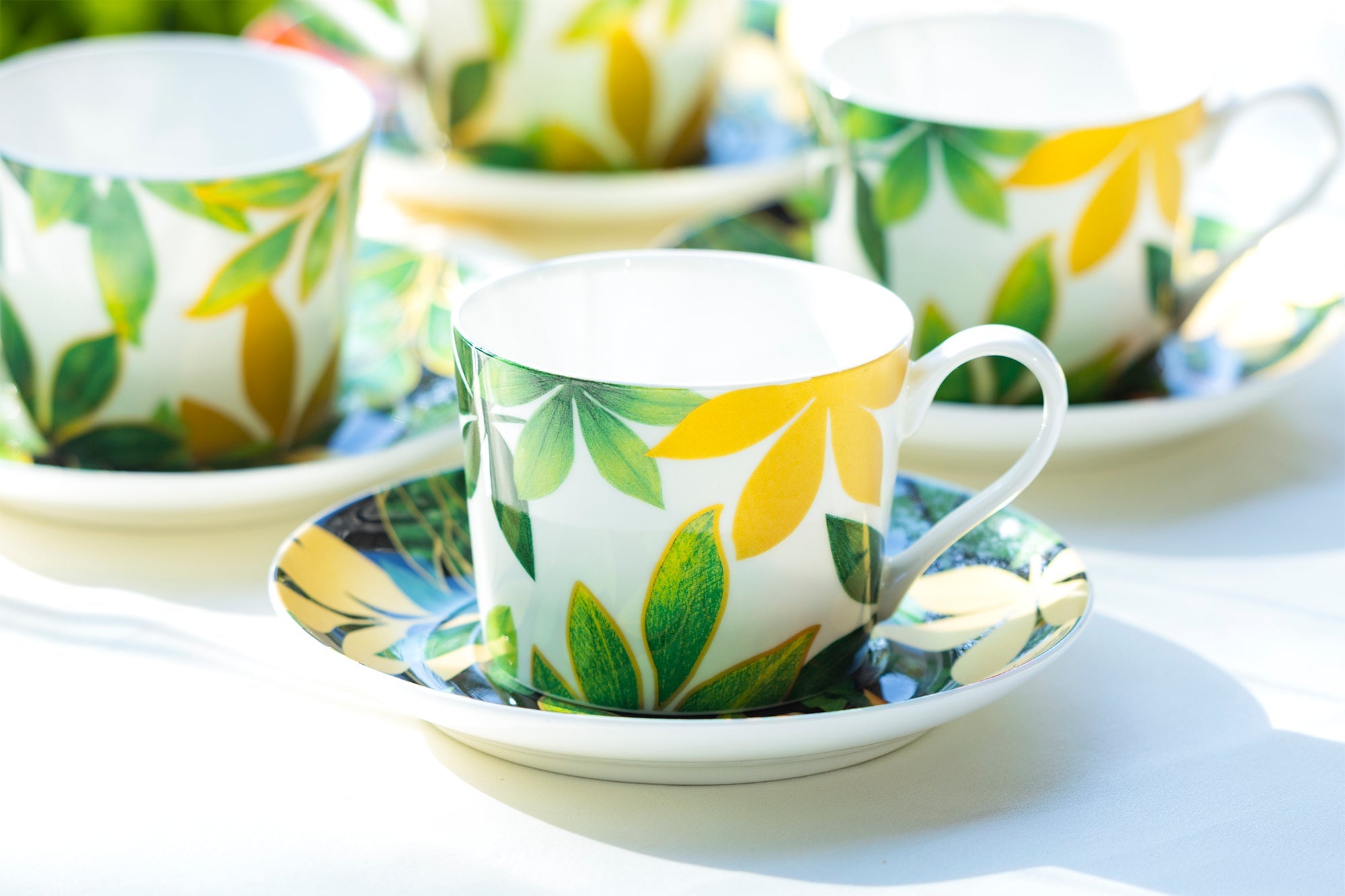 Green Gold Leaves Bone China Cup and Saucer